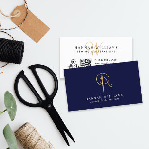 Sewing & Alterations Navy & Gold Monogram Business Card