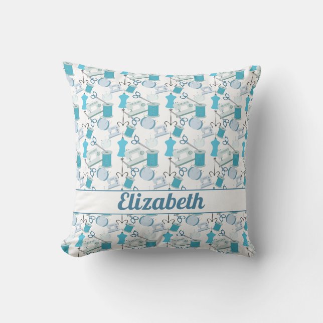 Sewing and Quilting Blue Cushion (Front)