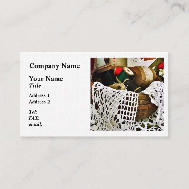 Sewing Basket With Thread and Lace Business Card (Front)