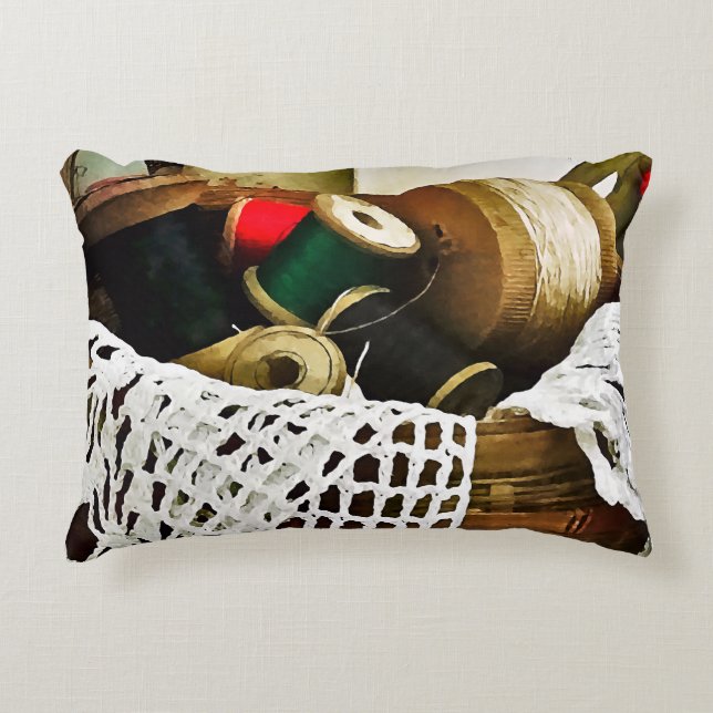 Sewing Basket With Thread and Lace Decorative Cushion (Front)