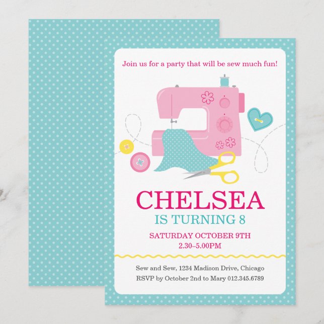 Sewing Birthday Party Invitation (Front/Back)