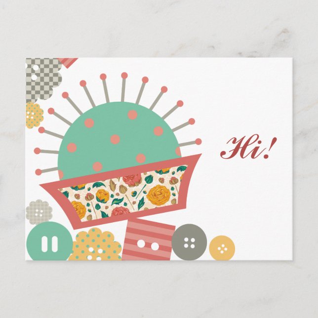 sewing buttons floral pincushion seamstress postcard (Front)
