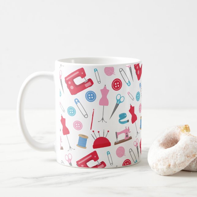Sewing & Crafty Themed Vintage Colours Coffee Mug (With Donut)