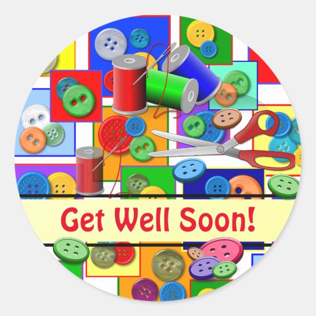 Sewing design "Get Well" Wishes Classic Round Sticker (Front)