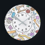Sewing Doodles Craft Room Round Clock<br><div class="desc">Quirky wall clock with sewing and craft themed doodles pattern ideal for your home craft/sewing room.</div>