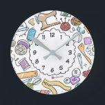 Sewing Doodles Craft Room Round Clock<br><div class="desc">Quirky wall clock with sewing and craft themed doodles pattern ideal for your home craft/sewing room.</div>