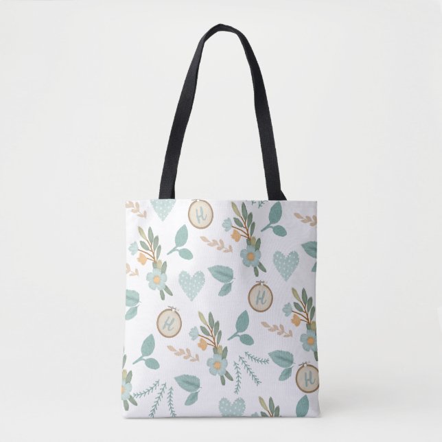 Sewing Embroidered Flower Needlepoint Monogram Tote Bag (Front)