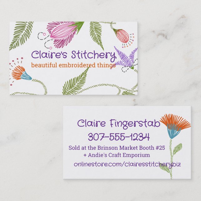 Sewing embroidery embroidered flowers seamstress business card (Front/Back)