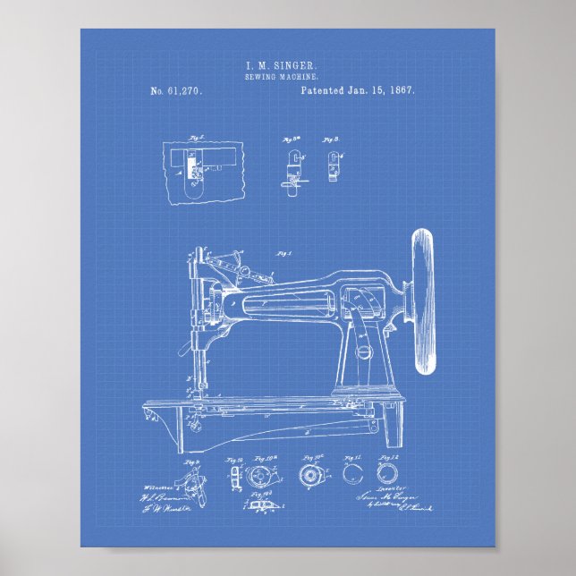 Sewing Machine 1867 Patent Art Blueprint Poster (Front)