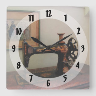 Sewing Machine and Lithograph Square Wall Clock