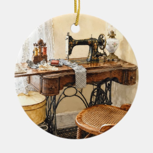 Sewing Machine and Thread Carousel Ceramic Tree Decoration (Front)