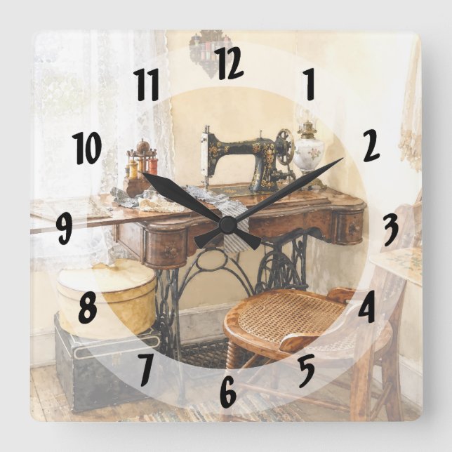 Sewing Machine and Thread Carousel Square Wall Clock (Front)
