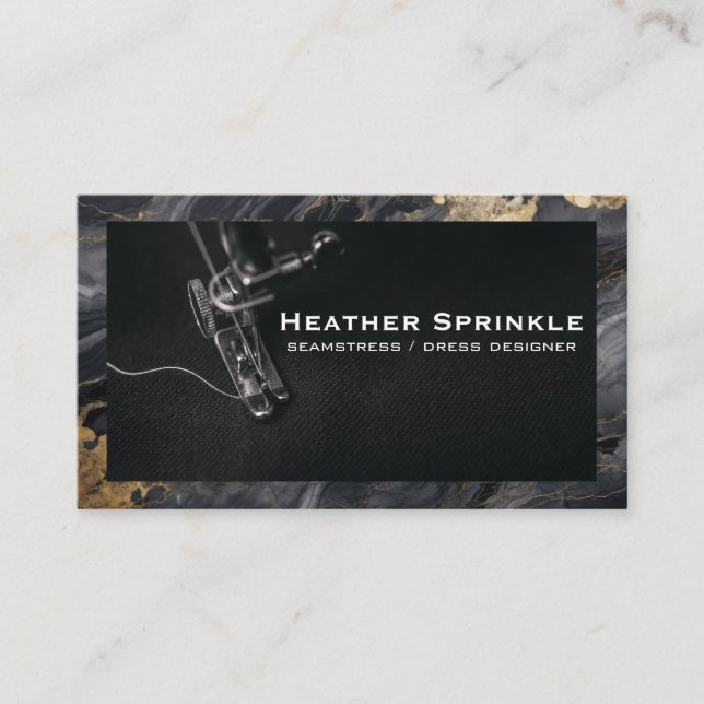 Sewing Machine | Black Gold Marble Business Card (Front)