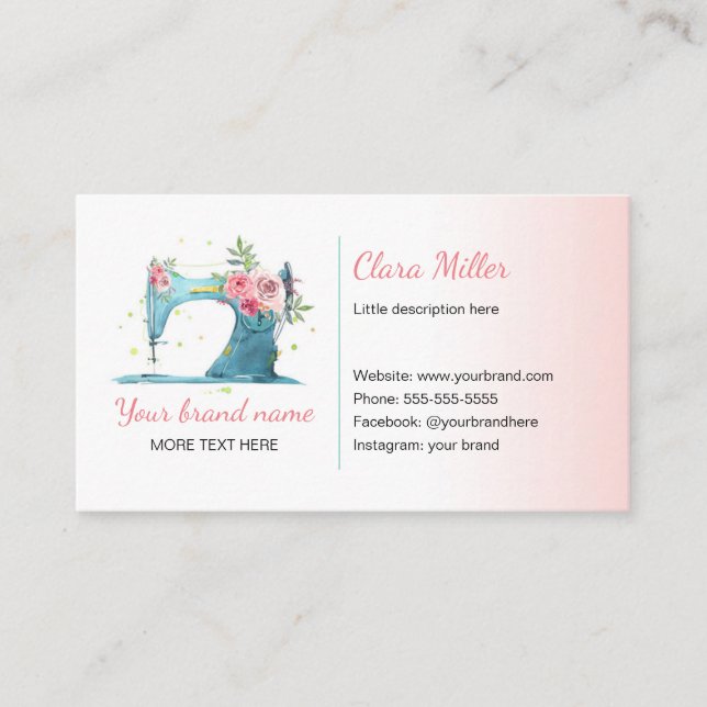Sewing machine business card watercolor teal pink (Front)