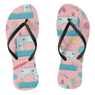 Sewing machine buttons scissors seam ripper pink  flip flops