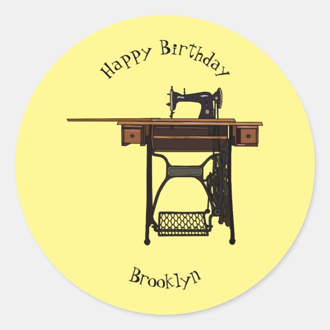 Sewing machine cartoon illustration classic round sticker (Front)
