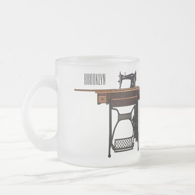 Sewing machine cartoon illustration  frosted glass coffee mug (Left)