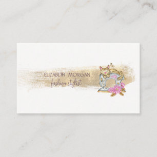 Sewing Machine Cat Faux Gold Foil Brush Stroke Business Card