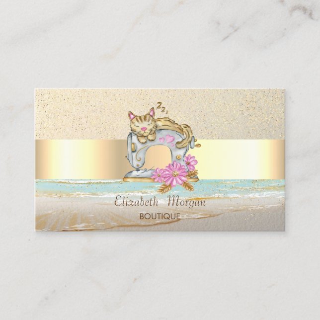 Sewing Machine Cat Gold Confetti,Stripe Business Card (Front)