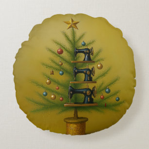 Sewing machine Christmas tree Happy Crafty Xmas Round Cushion