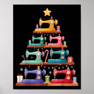 Sewing Machine Christmas Tree Lights Santa Hat Xma Poster