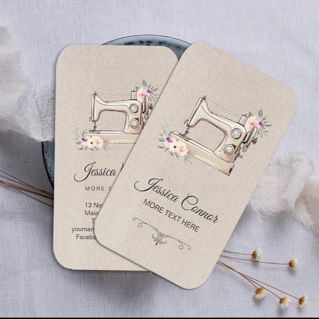 Sewing machine Cream off-white Background  Business Card (crafter business cards #dressmaking #professional #fashionboutiquelogo #watercolorvintagesewing)