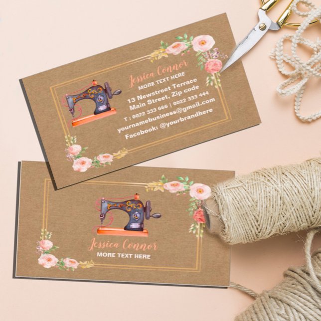 Sewing machine floral kraft business card (#zazzlemade #tailorbusinesscard #fashioncard #machinebusinesscard #kraftpaper)