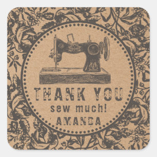 Sewing Machine Floral Kraft Paper Square Sticker