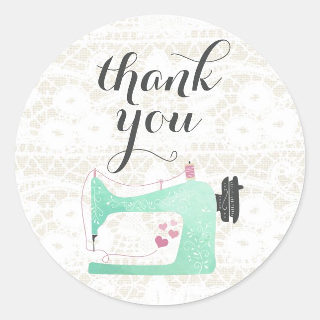 Sewing Machine on Shabby Chic Burlap Thank You Classic Round Sticker (Front)