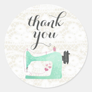 Sewing Machine on Shabby Chic Burlap Thank You Classic Round Sticker
