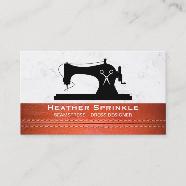 Sewing Machine | Scissors | Stitched Leather Business Card (Front)