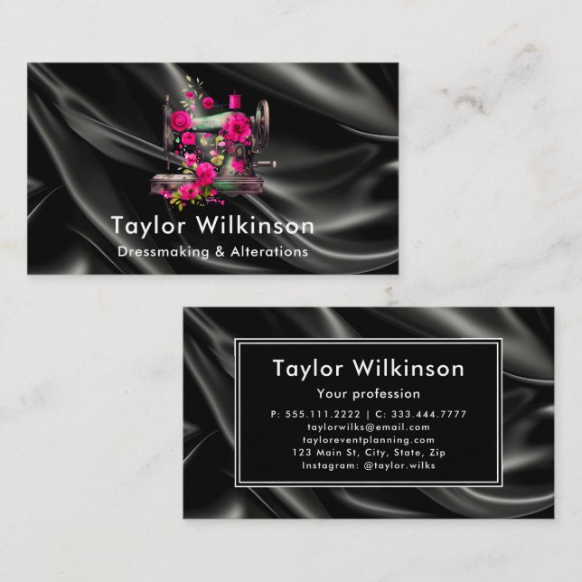 Sewing Machine Seamstress Black Business Card (Front/Back)