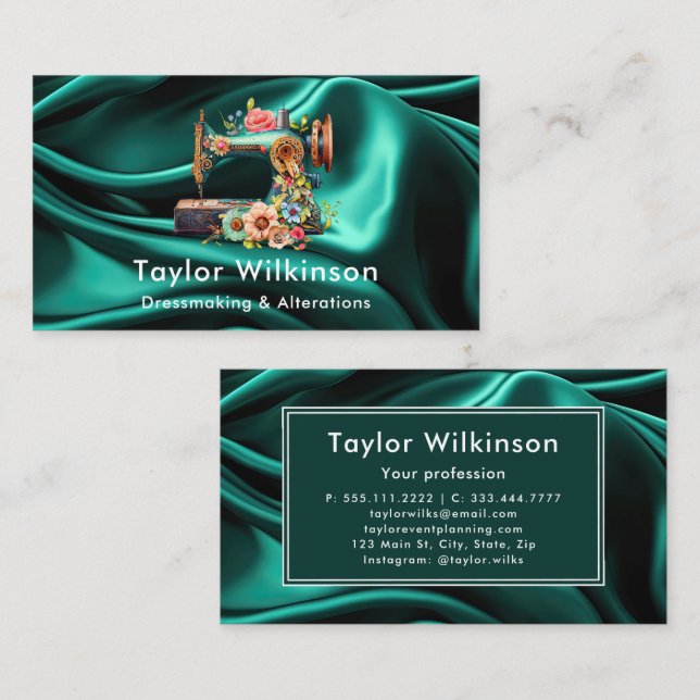 Sewing Machine Seamstress Green Business Card (Front/Back)