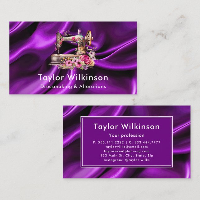 Sewing Machine Seamstress Purple Business Card (Front/Back)