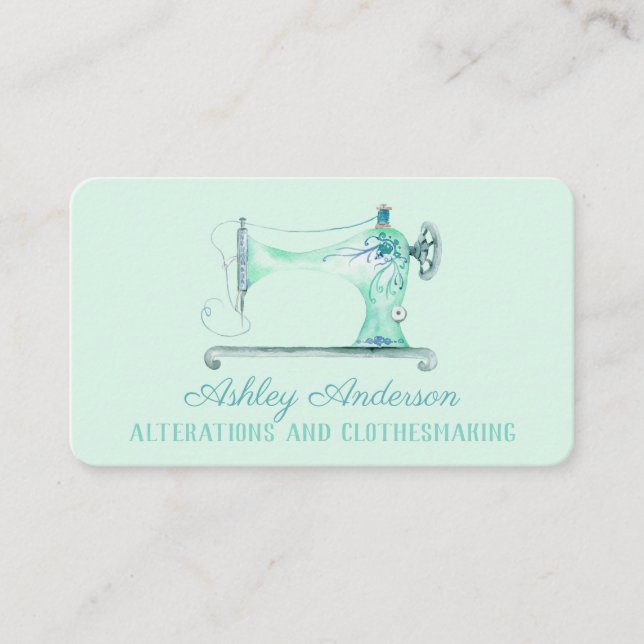 Sewing Machine Seamstress Watercolor Business Card (Front)