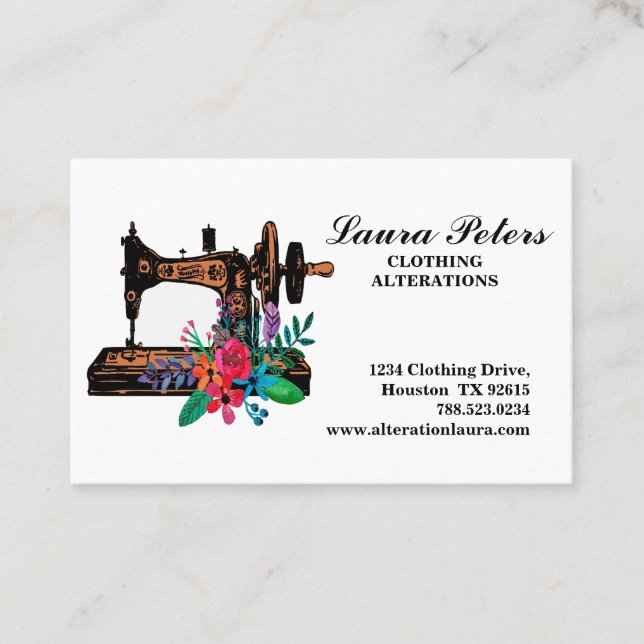 Sewing Machine With Flowers Clothing Alteration Business Card (Front)