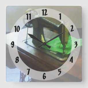 Sewing Machine With Green Cloth Square Wall Clock