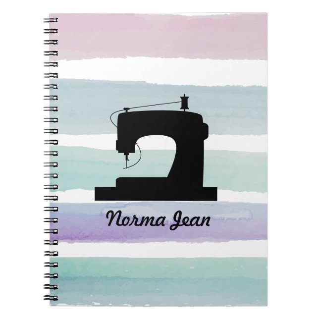 Sewing Machine / Your Name Watercolor Striped Notebook (Front)