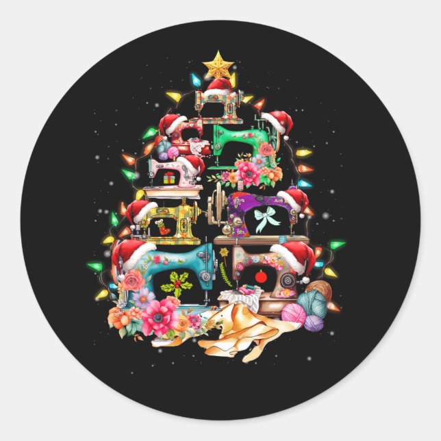 Sewing Machines Christmas Tree Quilt Sewing Lovers Classic Round Sticker (Front)