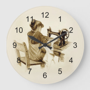 Sewing on Old Fashioned Sewing Machine: Pencil Art Large Clock