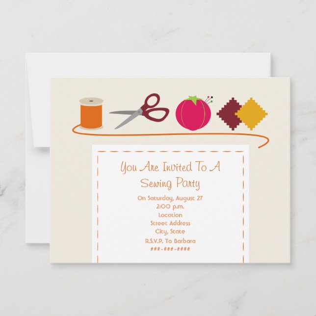 Sewing Party Thread, Scissors, Pin Cushion, Swatch Invitation (Front)
