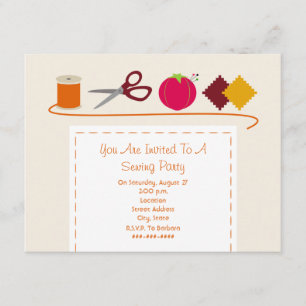 Sewing Party Thread, Scissors, Pin Cushion, Swatch Invitation