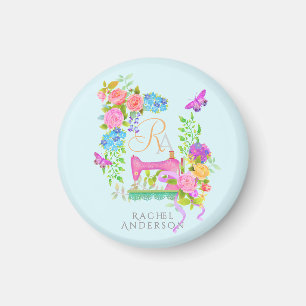 Sewing Ribbon Floral Monogram Blue Keychain Magnet