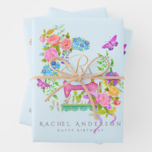Sewing Ribbon Floral Monogram Blue Wrapping Paper Sheet