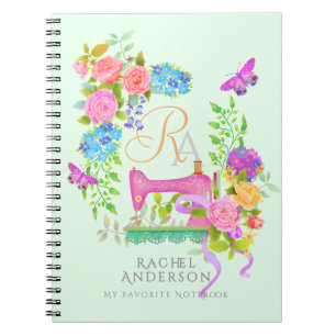 Sewing Ribbon Floral Monogram Green Notebook