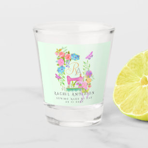 Sewing Ribbon Floral Monogram Green Shot Glass