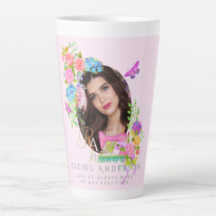 Sewing Ribbon Floral Monogram Photo Pink Latte Mug
