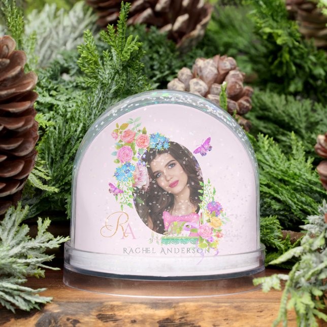 Sewing Ribbon Floral Monogram Photo Pink Snowglobe (Winter)