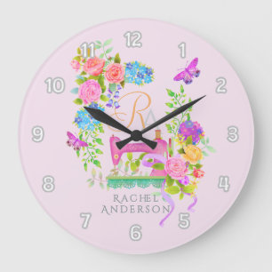 Sewing Ribbon Floral Monogram Pink Large Clock
