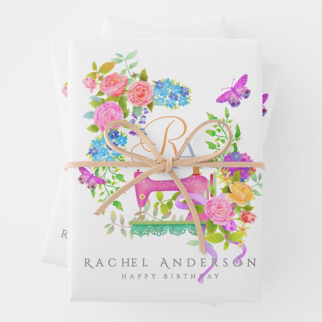 Sewing Ribbon Floral Monogram White Wrapping Paper Sheet (In situ)